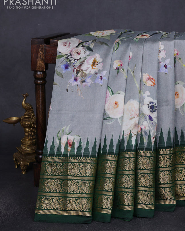 Pure pochampally silk saree grey and green with allover floral digital prints and temple design annam zari woven border