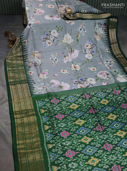 Pure pochampally silk saree grey and green with allover floral digital prints and temple design annam zari woven border