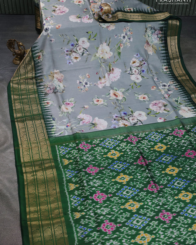 Pure pochampally silk saree grey and green with allover floral digital prints and temple design annam zari woven border