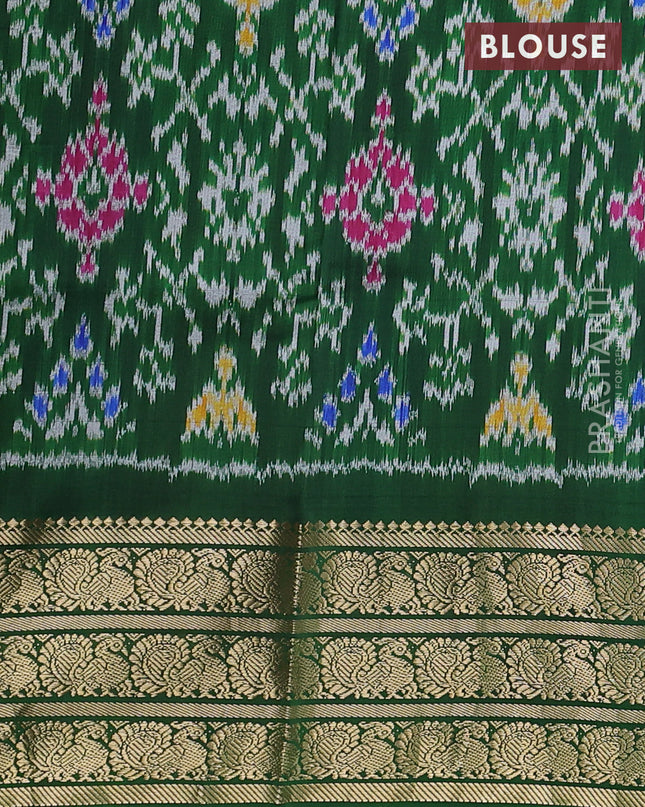 Pure pochampally silk saree grey and green with allover floral digital prints and temple design annam zari woven border