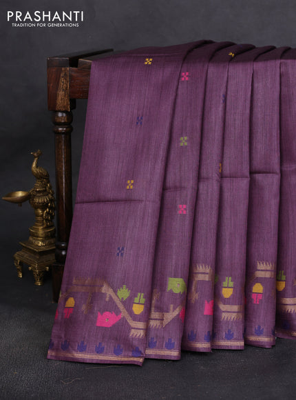 Munga tussar silk saree wine shade with thread woven buttas and woven border