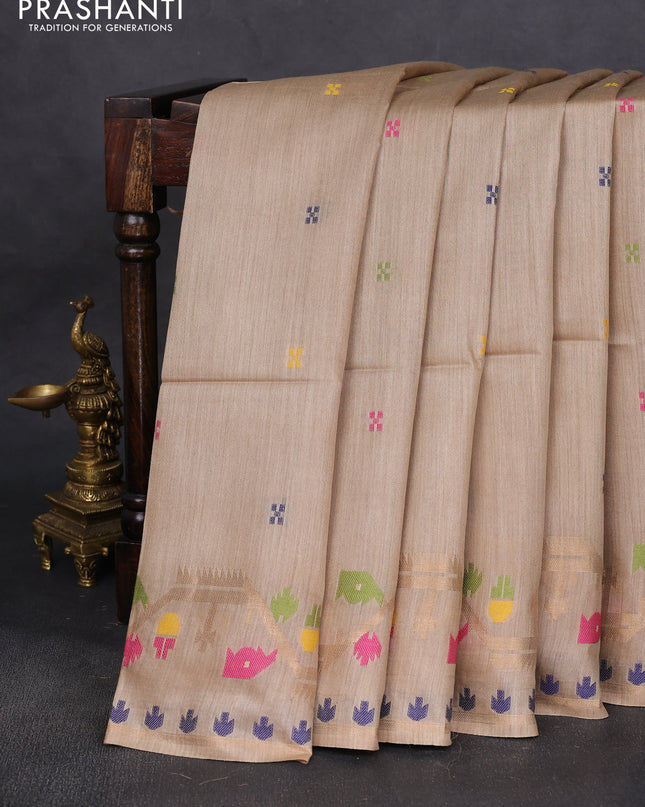 Munga tussar silk saree sandal with thread woven buttas and woven border