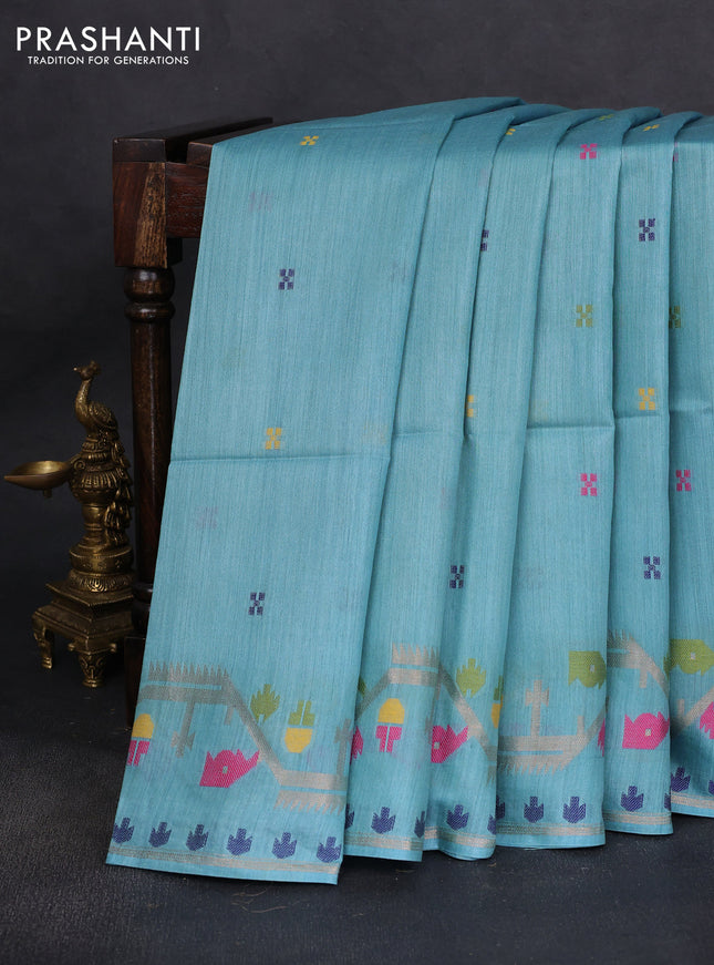 Munga tussar silk saree pastel blue with thread woven buttas and woven border