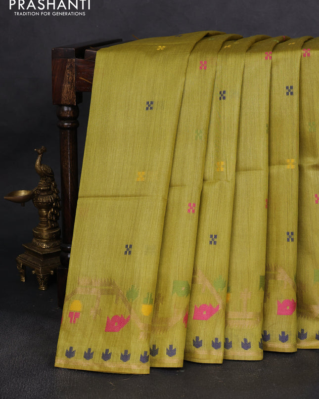 Munga tussar silk saree lime yellow with thread woven buttas and woven border