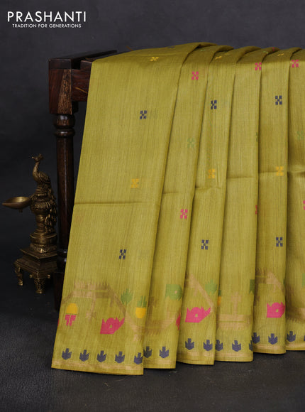 Munga tussar silk saree lime yellow with thread woven buttas and woven border