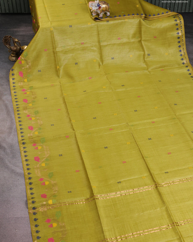 Munga tussar silk saree lime yellow with thread woven buttas and woven border
