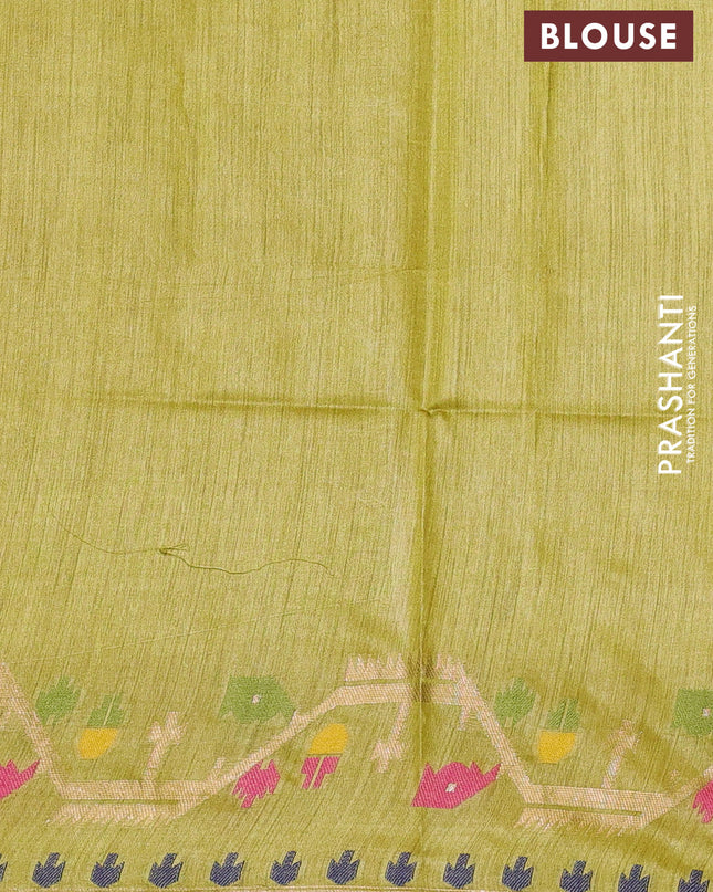 Munga tussar silk saree lime yellow with thread woven buttas and woven border