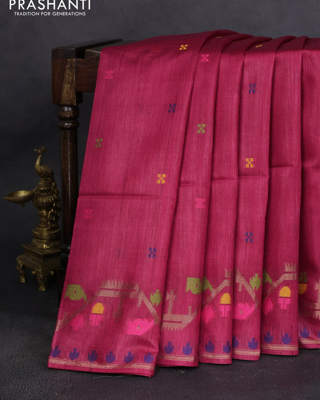 Munga tussar silk saree maroon with thread woven buttas and woven border