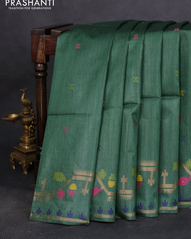Munga tussar silk saree green with thread woven buttas and woven border