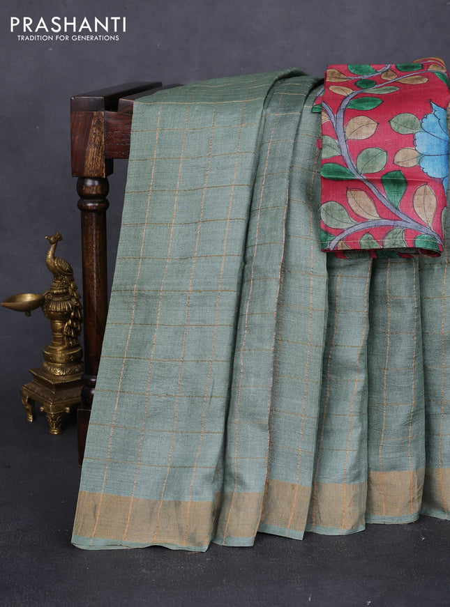 Pure tussar silk saree pastel green and maroon with allover zari checked pattern and zari woven border - Default Title