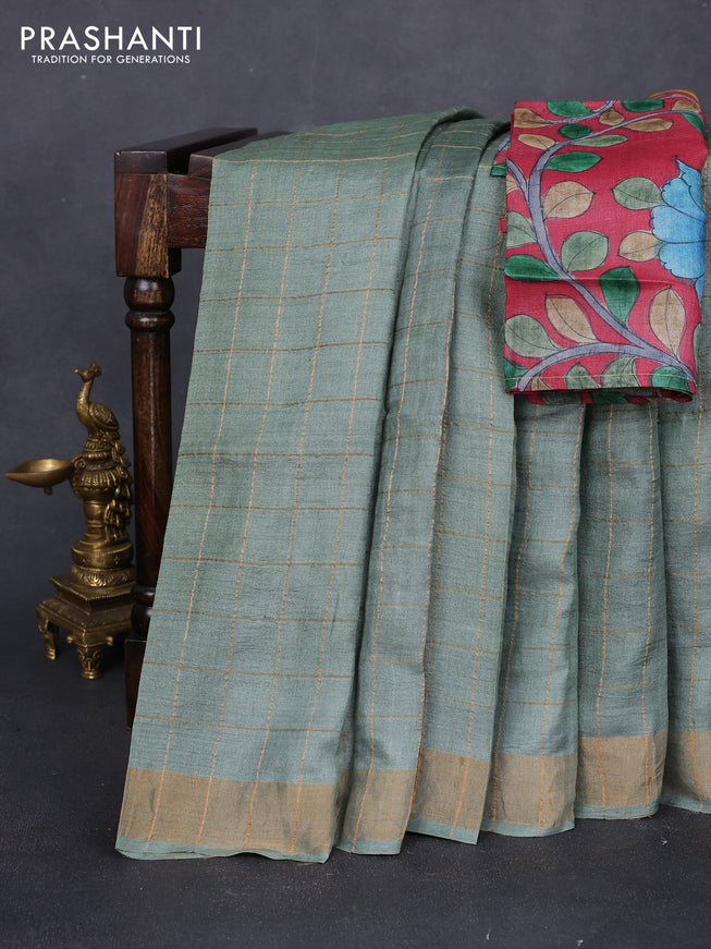 Pure tussar silk saree pastel green and maroon with allover zari checked pattern and zari woven border - Default Title