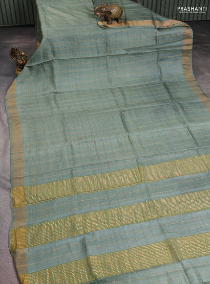 Pure tussar silk saree pastel green and maroon with allover zari checked pattern and zari woven border - Default Title