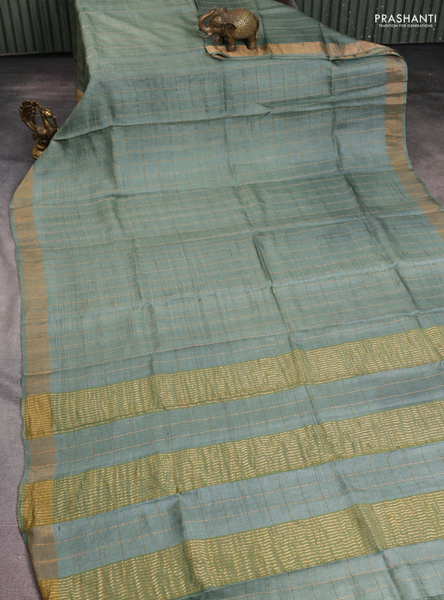 Pure tussar silk saree pastel green and maroon with allover zari checked pattern and zari woven border - Default Title