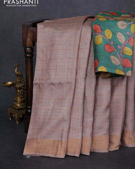 Pure tussar silk saree sandal and green with allover zari checked pattern and zari woven border