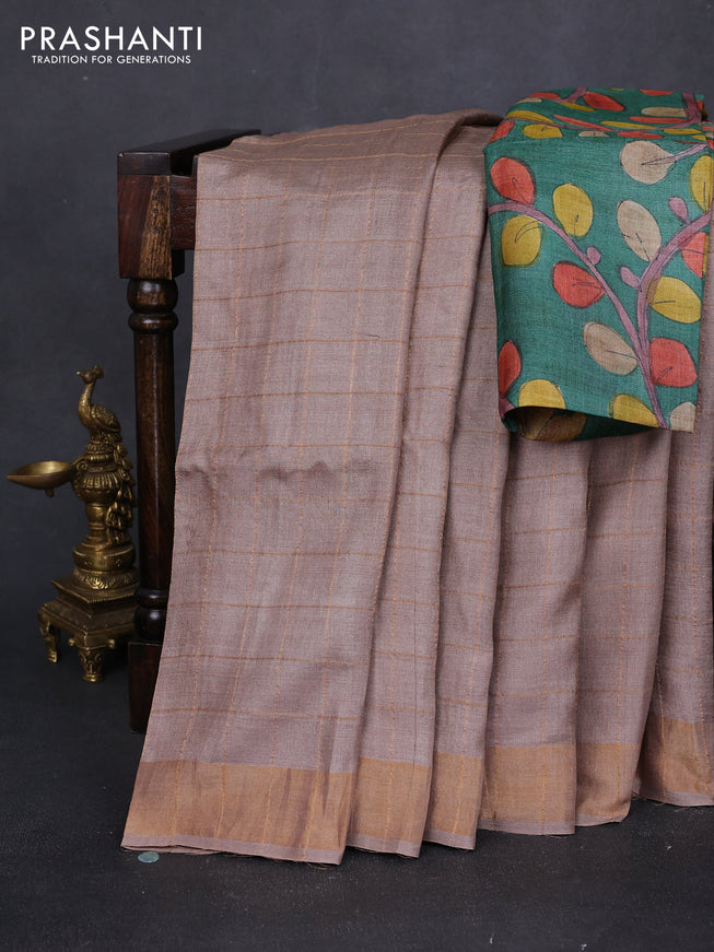 Pure tussar silk saree sandal and green with allover zari checked pattern and zari woven border