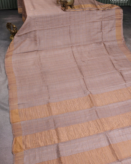 Pure tussar silk saree sandal and green with allover zari checked pattern and zari woven border