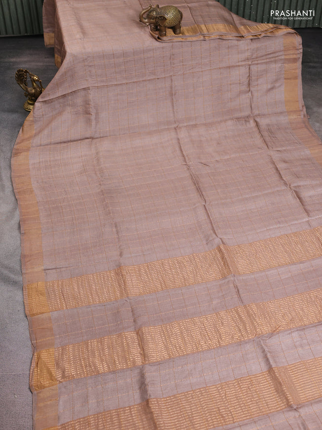 Pure tussar silk saree sandal and green with allover zari checked pattern and zari woven border