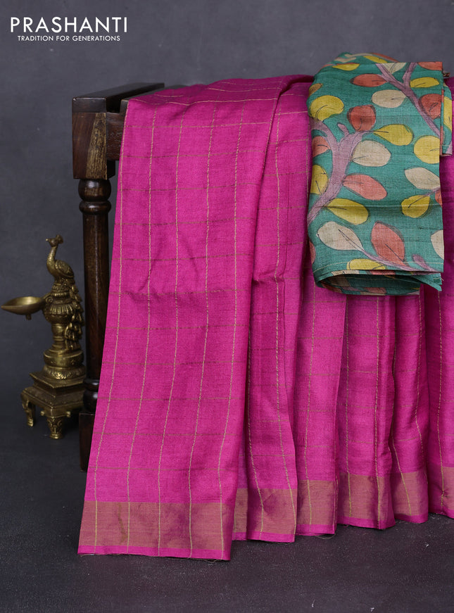 Pure tussar silk saree sandal and green with allover zari checked pattern and zari woven border
