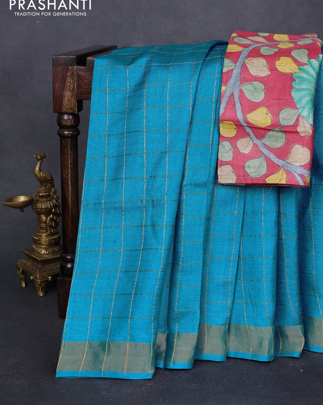 Pure tussar silk saree cs blue and maroon with allover zari checked pattern and zari woven border