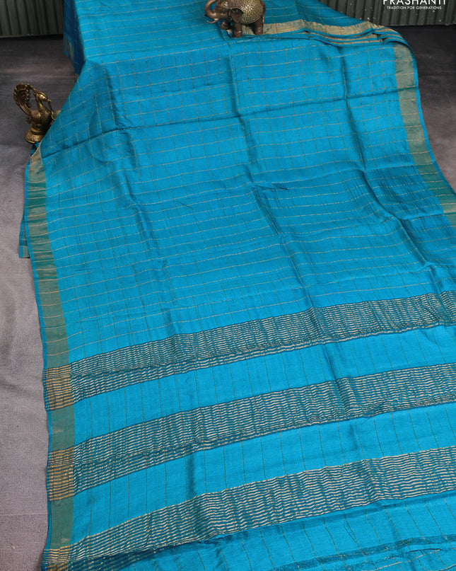 Pure tussar silk saree cs blue and maroon with allover zari checked pattern and zari woven border