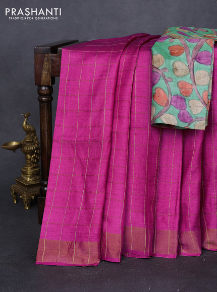 Pure tussar silk saree pink and green with allover zari checked pattern and zari woven border