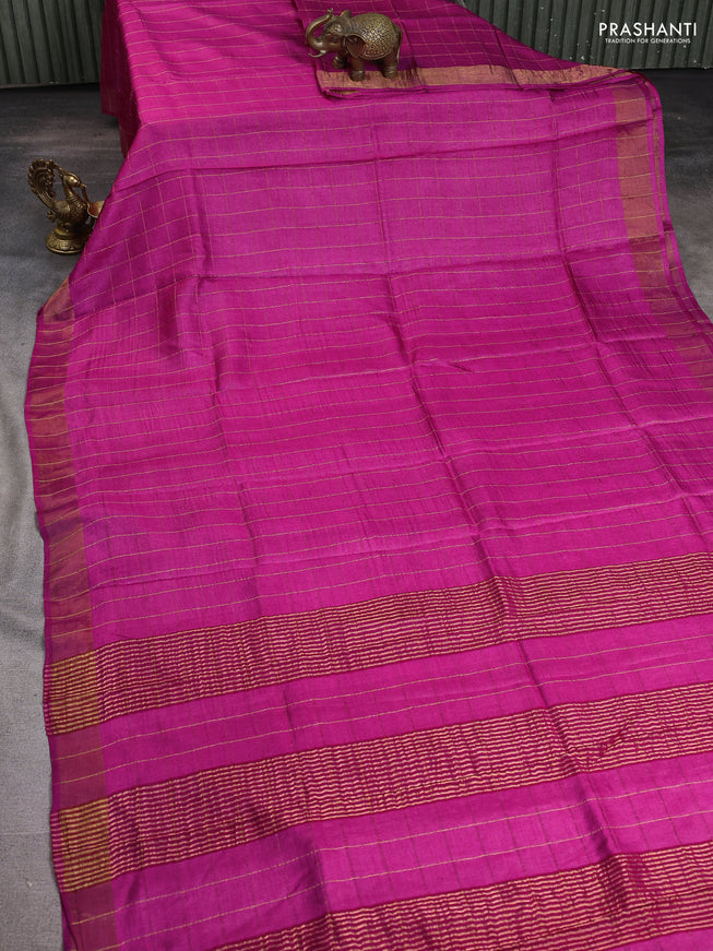 Pure tussar silk saree pink and green with allover zari checked pattern and zari woven border
