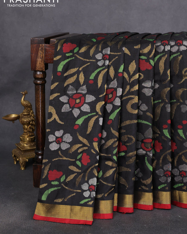 Uppada jamdhani silk saree black and red with allover floral jamdhani weaves and zari woven border