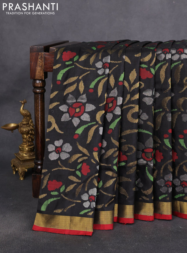 Uppada jamdhani silk saree black and red with allover floral jamdhani weaves and zari woven border