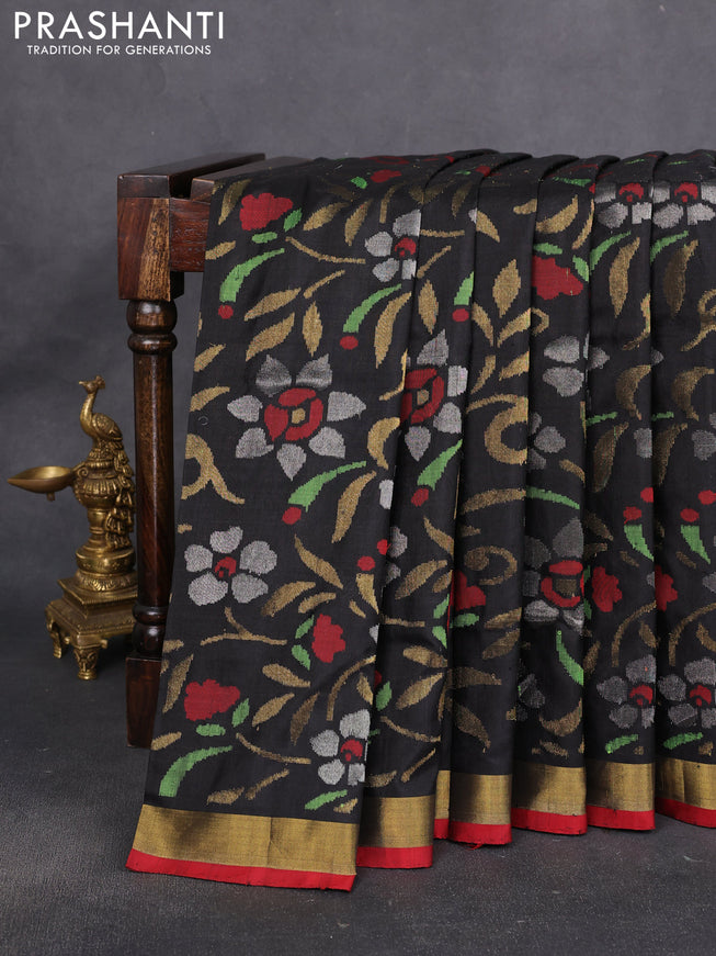 Uppada jamdhani silk saree black and red with allover floral jamdhani weaves and zari woven border