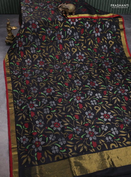 Uppada jamdhani silk saree black and red with allover floral jamdhani weaves and zari woven border