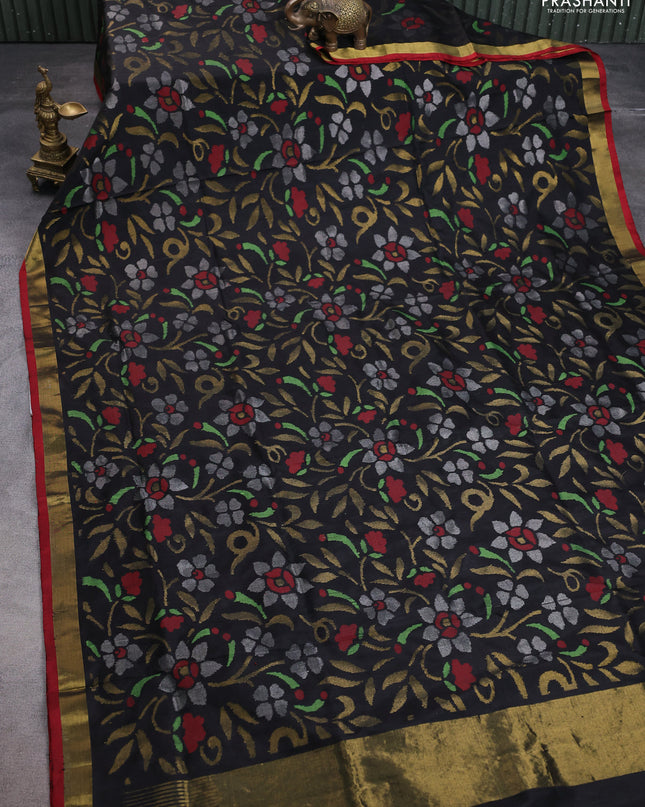 Uppada jamdhani silk saree black and red with allover floral jamdhani weaves and zari woven border