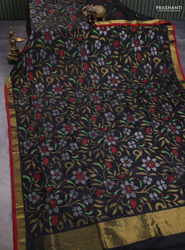 Uppada jamdhani silk saree black and red with allover floral jamdhani weaves and zari woven border