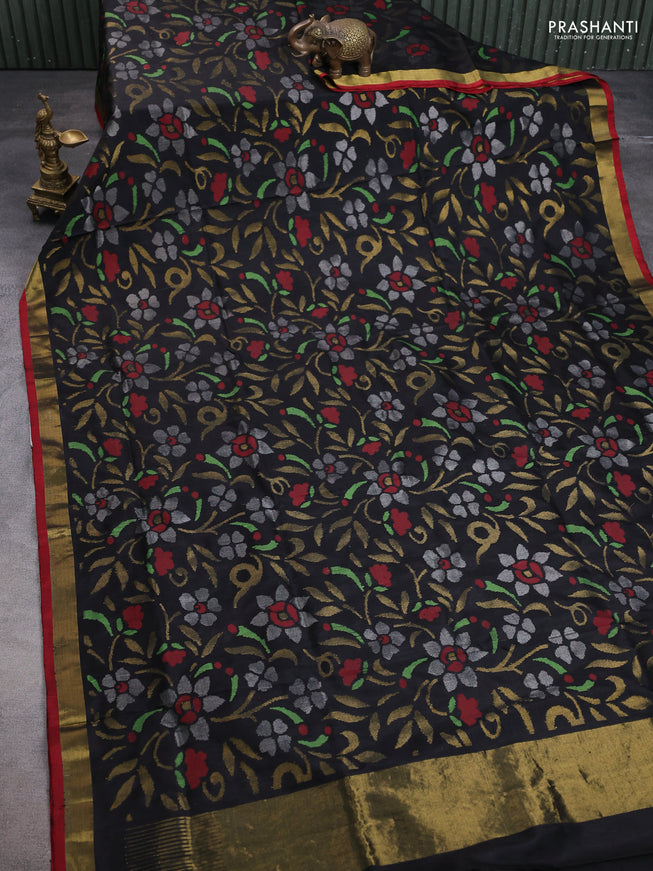 Uppada jamdhani silk saree black and red with allover floral jamdhani weaves and zari woven border