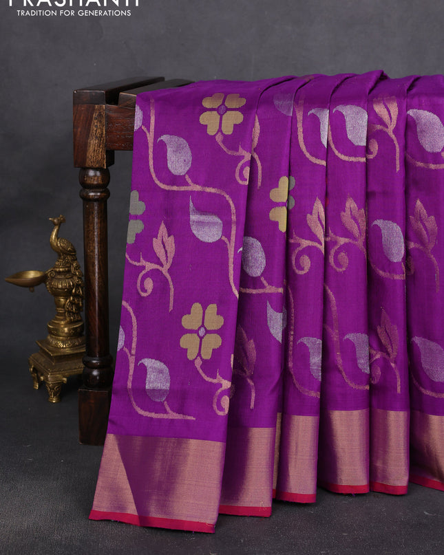 Uppada jamdhani silk saree purple and red with allover floral jamdhani weaves and zari woven border