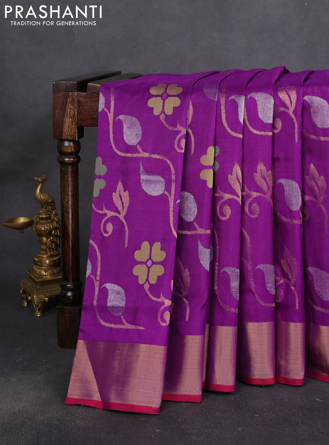 Uppada jamdhani silk saree purple and red with allover floral jamdhani weaves and zari woven border