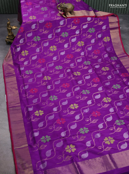Uppada jamdhani silk saree purple and red with allover floral jamdhani weaves and zari woven border