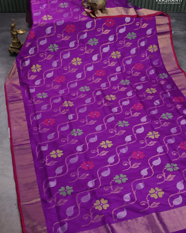 Uppada jamdhani silk saree purple and red with allover floral jamdhani weaves and zari woven border