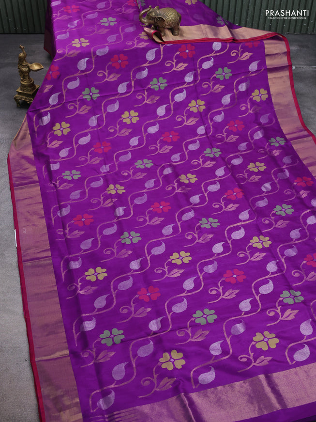 Uppada jamdhani silk saree purple and red with allover floral jamdhani weaves and zari woven border