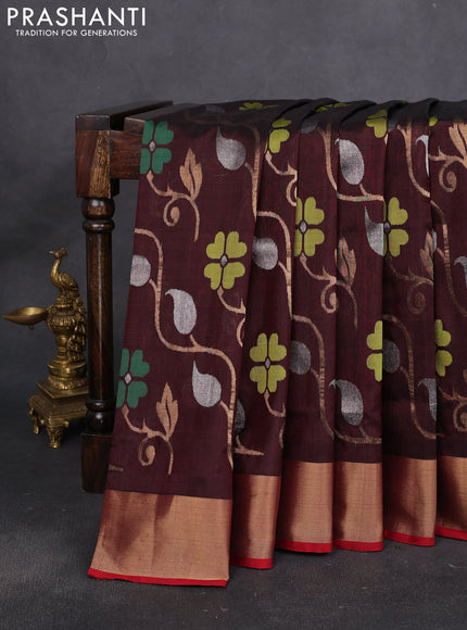 Uppada jamdhani silk saree coffee brown and maroon with allover floral jamdhani weaves and zari woven border