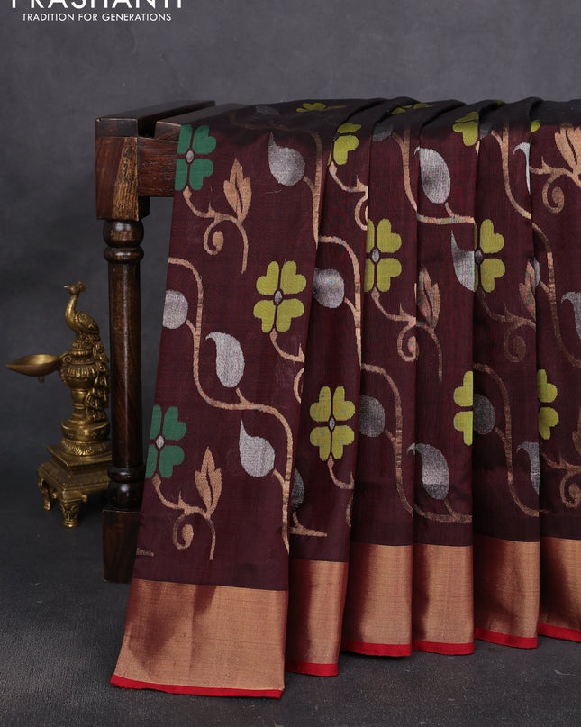 Uppada jamdhani silk saree coffee brown and maroon with allover floral jamdhani weaves and zari woven border