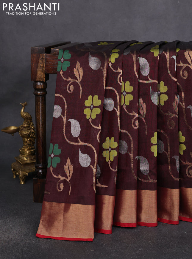 Uppada jamdhani silk saree coffee brown and maroon with allover floral jamdhani weaves and zari woven border