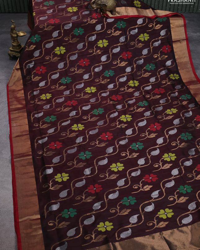 Uppada jamdhani silk saree coffee brown and maroon with allover floral jamdhani weaves and zari woven border