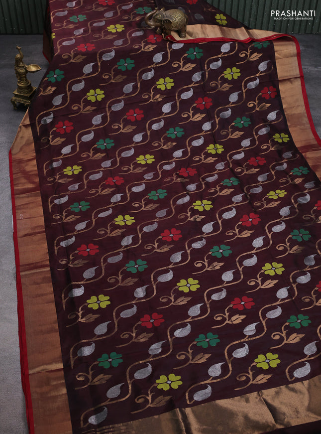 Uppada jamdhani silk saree coffee brown and maroon with allover floral jamdhani weaves and zari woven border