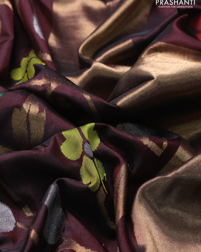 Uppada jamdhani silk saree coffee brown and maroon with allover floral jamdhani weaves and zari woven border