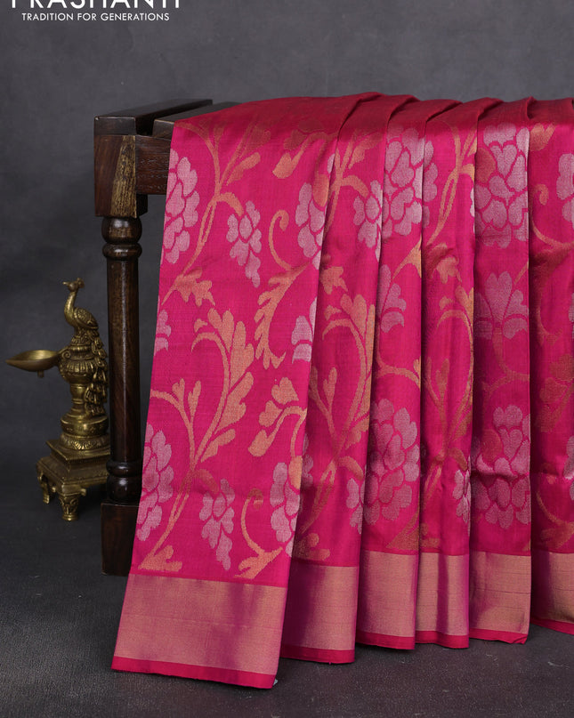 Uppada jamdhani silk saree pink with allover floral jamdhani weaves and zari woven border
