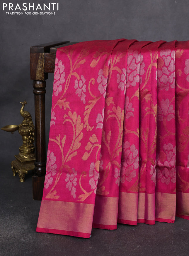 Uppada jamdhani silk saree pink with allover floral jamdhani weaves and zari woven border