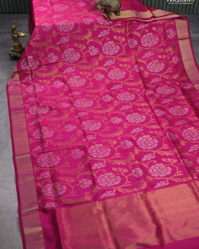 Uppada jamdhani silk saree pink with allover floral jamdhani weaves and zari woven border