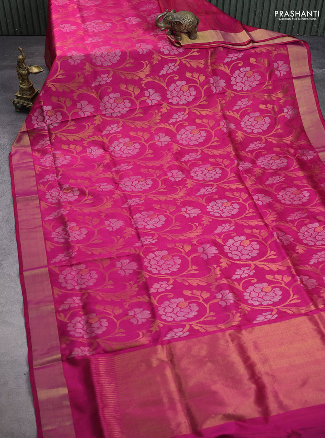 Uppada jamdhani silk saree pink with allover floral jamdhani weaves and zari woven border