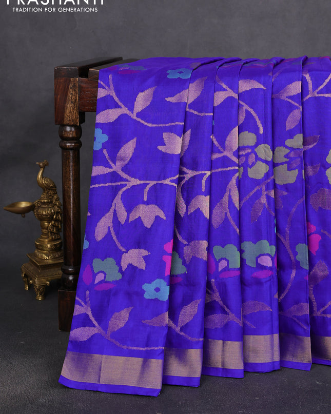 Uppada jamdhani silk saree royal blue with allover floral jamdhani weaves and zari woven border