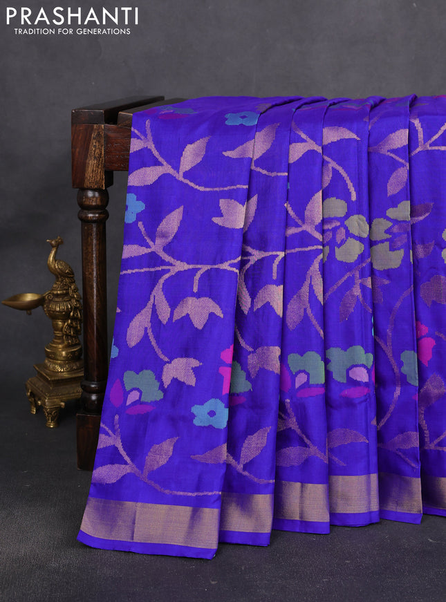 Uppada jamdhani silk saree royal blue with allover floral jamdhani weaves and zari woven border